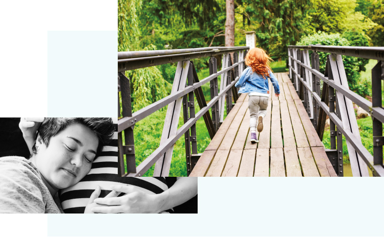 Child running across a bridge in the woods, Woman listening to her pregnant partner's belly